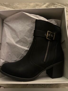 White Mountain Black Buckle Ankle Boot with Side Zip